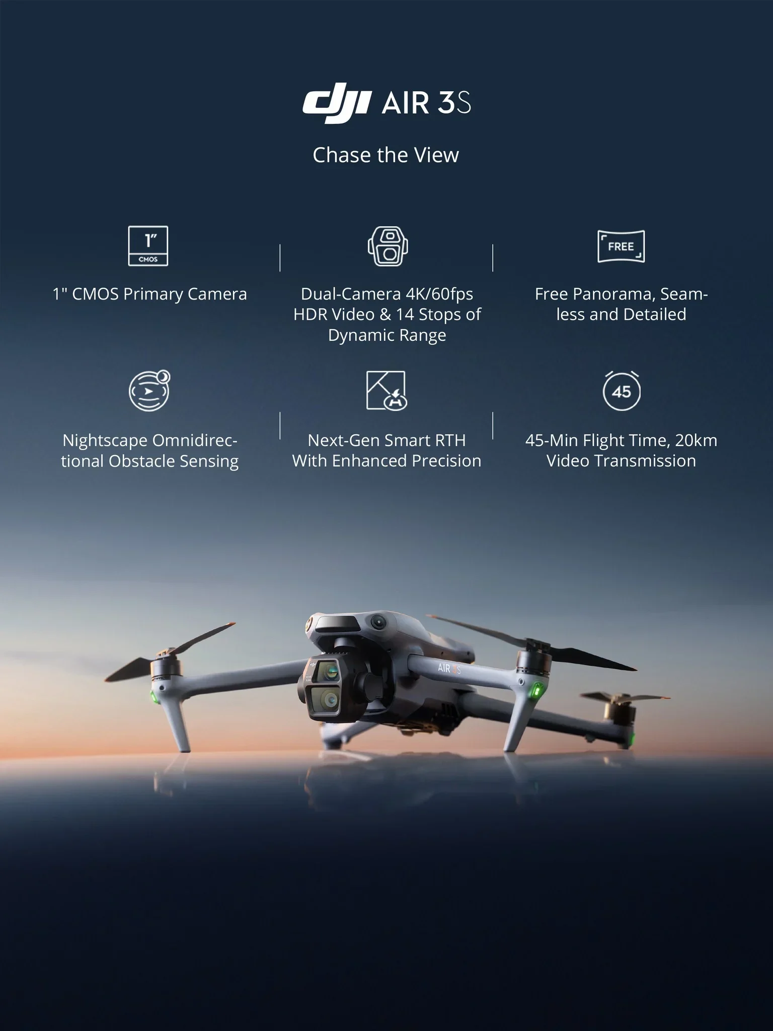 Drone DJI Air 3S volando con doble cámara gran angular y teleobjetivo, hasta 46 minutos de autonomía